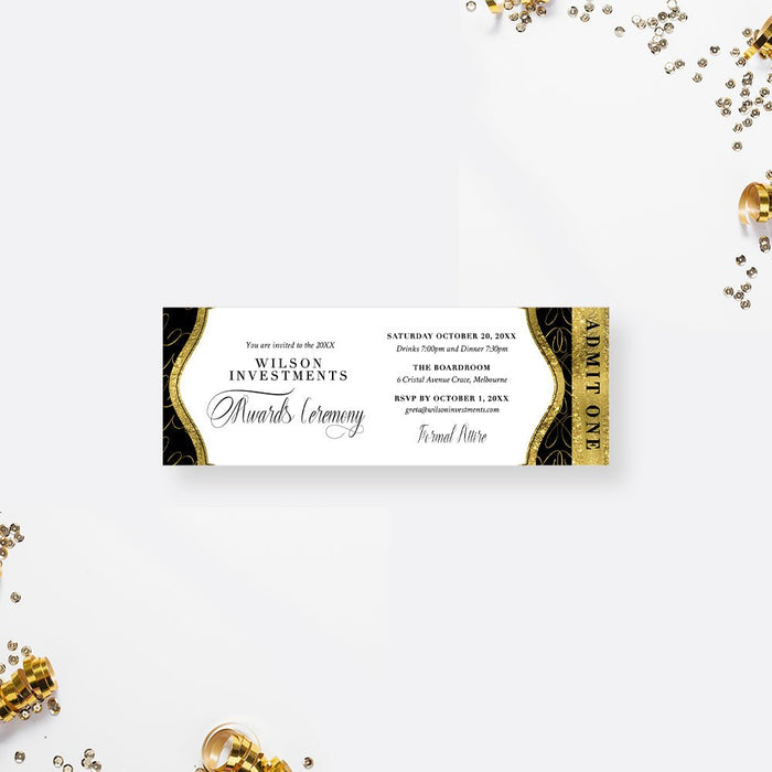 Personalized corporate awards ceremony ticket invitation with black and gold pattern, company event details, and Admit One panel