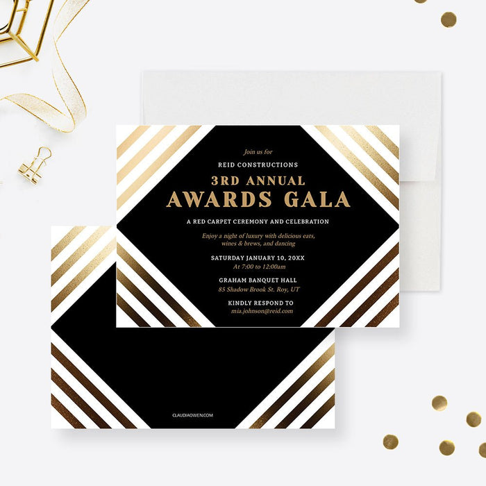 Elegant black and gold corporate awards gala invitation template with geometric stripes and personalized event details-front-back