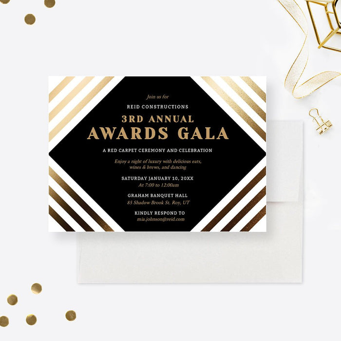 Elegant black and gold corporate awards gala invitation template with geometric stripes and personalized event details-front