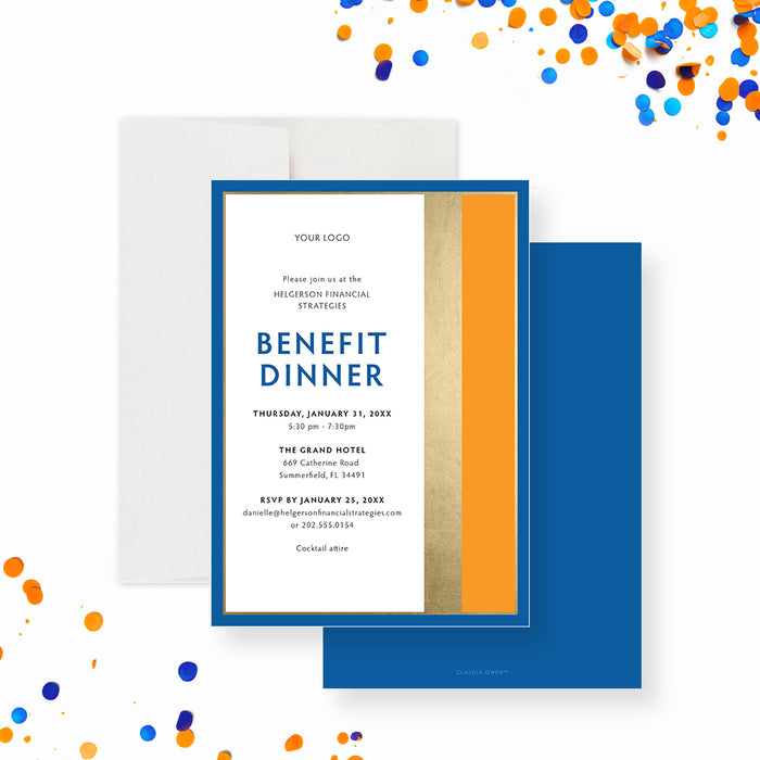 Elegant benefit dinner invitation with blue, gold, and orange accents for corporate and charity events.-front-back