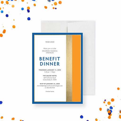 Elegant benefit dinner invitation with blue, gold, and orange accents for corporate and charity events.-front