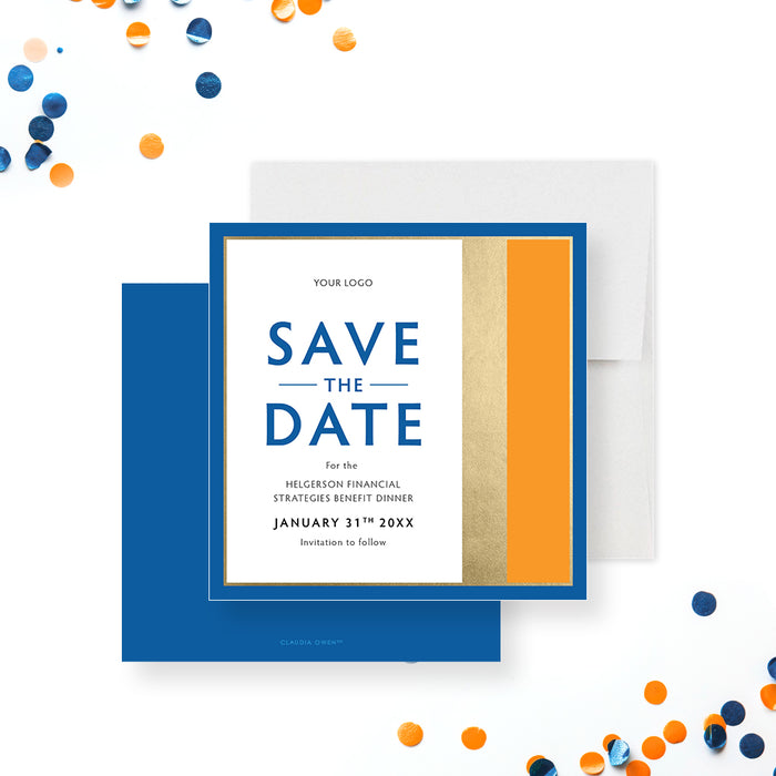 Save the date card with blue, gold, and orange accents, personalized for benefit dinner events-front-back