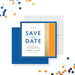 Save the date card with blue, gold, and orange accents, personalized for benefit dinner events-front-back