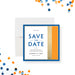 Save the date card with blue, gold, and orange accents, personalized for benefit dinner events-front