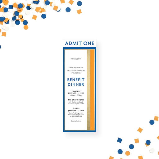 Ticket-style benefit dinner invitation with blue, gold, and orange accents, custom-printed for professional events