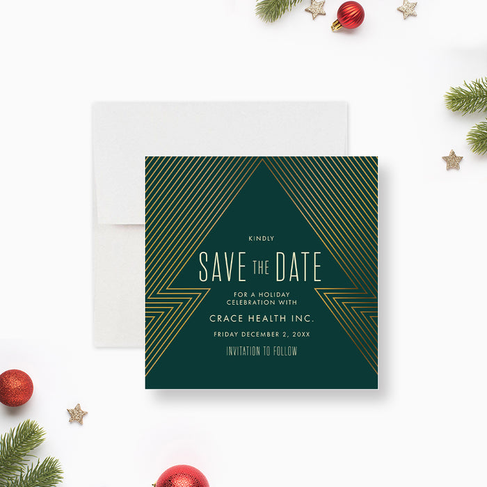 Green and Gold Save the Date Card for Corporate Christmas Party, Work Christmas Party Save the Dates with Unique Christmas Tree Design