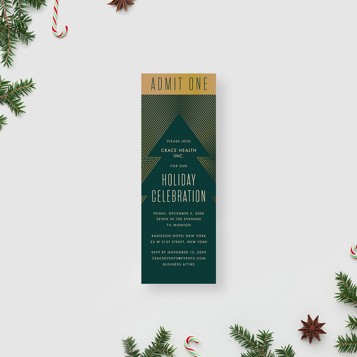 Green and Gold Christmas Holiday Invitation Card for Corporate Event, Work Christmas Party Invitations with Unique Christmas Tree Design