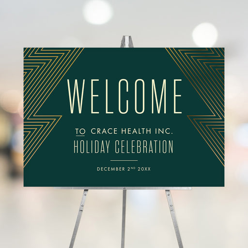 Custom green and gold holiday welcome sign featuring a Christmas tree design, personalized with company name and date for corporate celebrations.