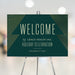 Custom green and gold holiday welcome sign featuring a Christmas tree design, personalized with company name and date for corporate celebrations.