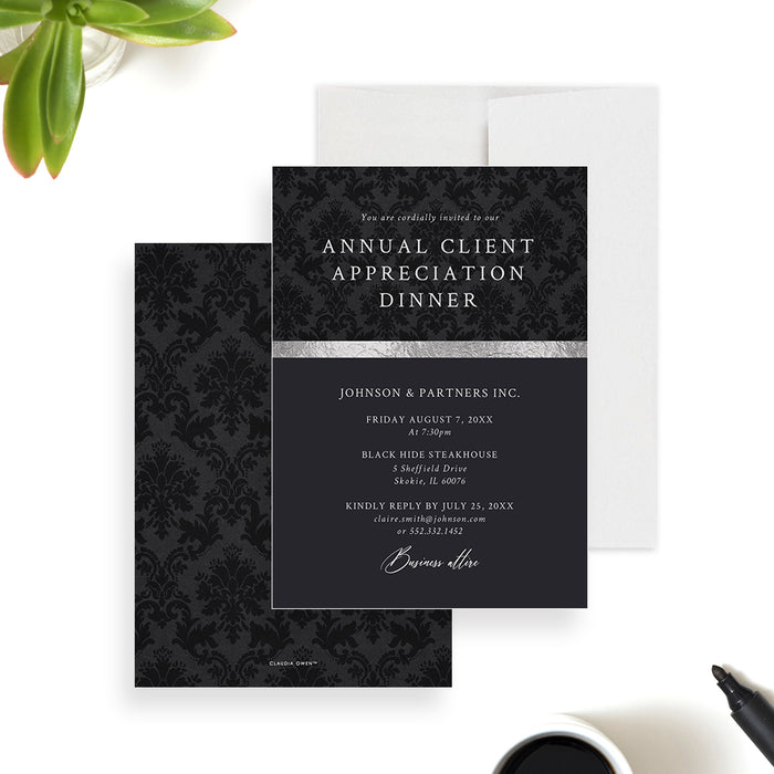 Elegant black damask annual client appreciation dinner invitation with gray accent and formal corporate event wording-front-back