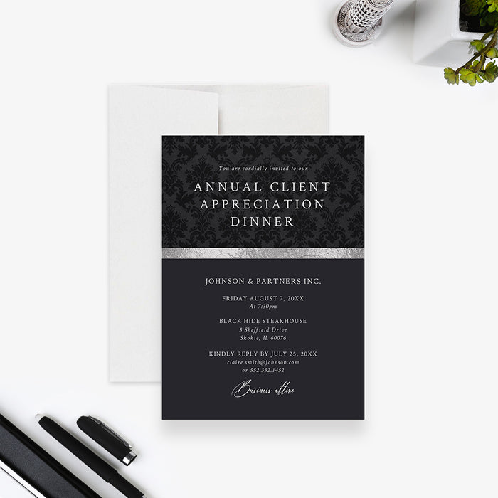 Elegant black damask annual client appreciation dinner invitation with gray accent and formal corporate event wording-front