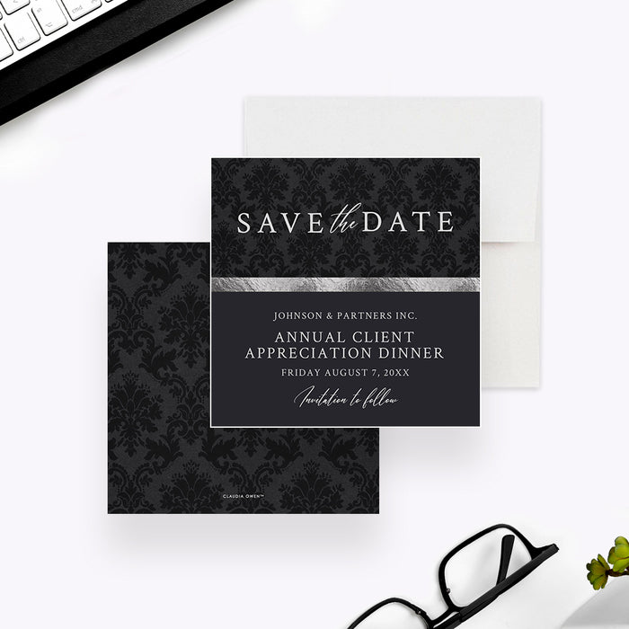 Black damask client appreciation dinner save the date with gray accent and personalized corporate event details-front-back