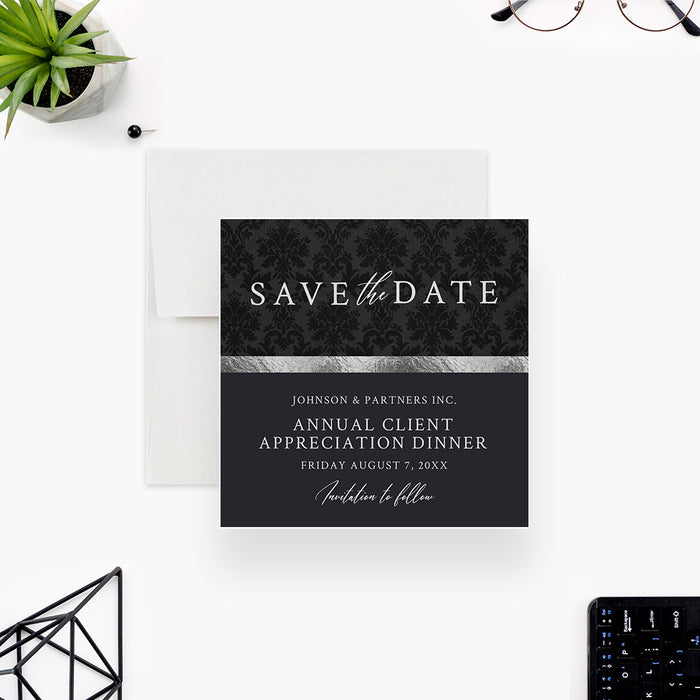 Black damask client appreciation dinner save the date with gray accent and personalized corporate event details-front