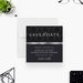 Black damask client appreciation dinner save the date with gray accent and personalized corporate event details-front