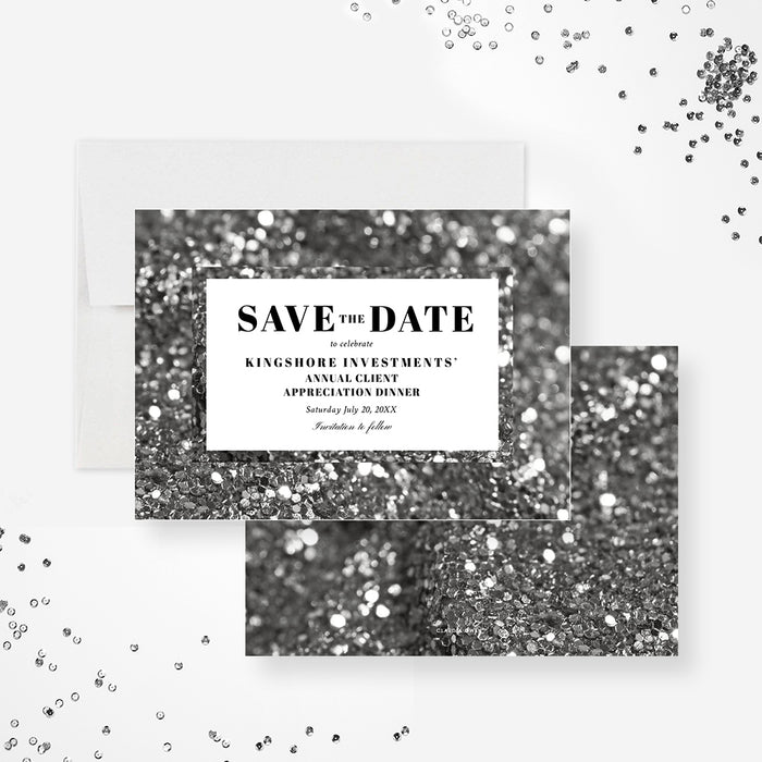 Elegant corporate client appreciation dinner save the date card with black-and-white bokeh background and custom event details-front-back
