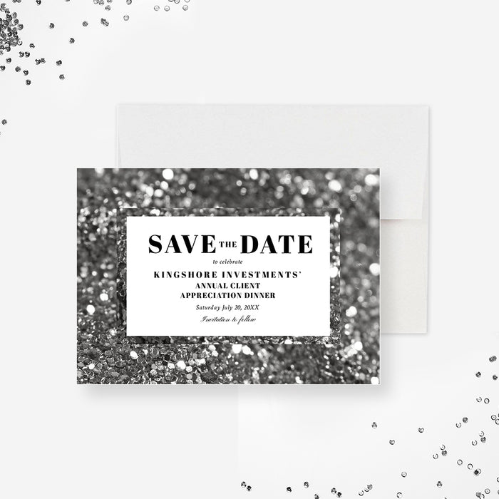 Elegant corporate client appreciation dinner save the date card with black-and-white bokeh background and custom event details-front