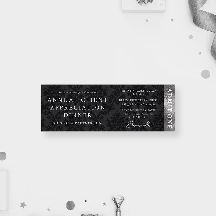 Black damask corporate client appreciation dinner ticket invitation with event details and Admit One panel