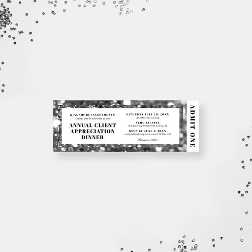 Corporate client appreciation dinner ticket invitation with black-and-white bokeh background, event details, and Admit One section