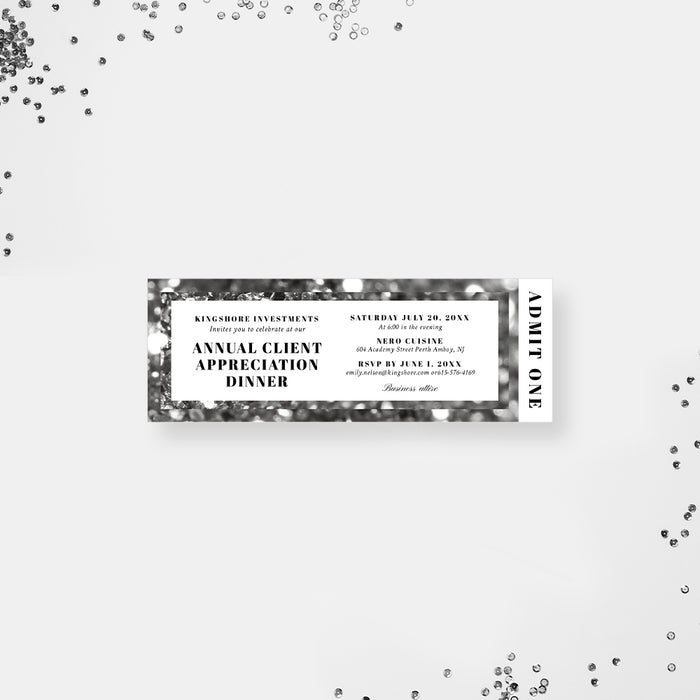Corporate client appreciation dinner ticket invitation with black-and-white bokeh background, event details, and Admit One section
