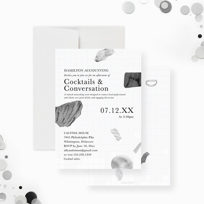 Modern abstract corporate event invitation for cocktails and conversation with minimalist layout and clean typography-front-back