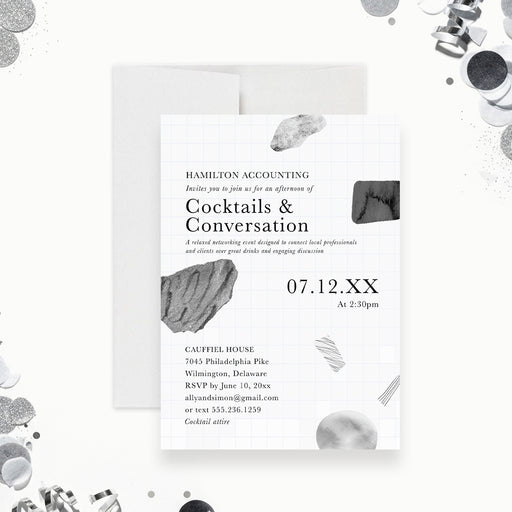 Modern abstract corporate event invitation for cocktails and conversation with minimalist layout and clean typography-front