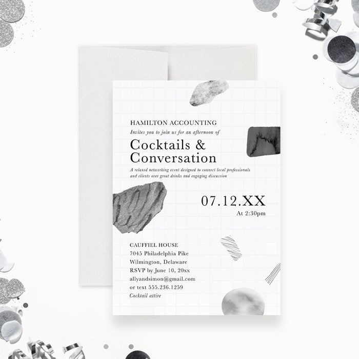 Modern abstract corporate event invitation for cocktails and conversation with minimalist layout and clean typography-front