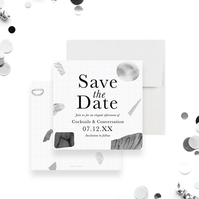 Modern abstract corporate save the date card for cocktails and conversation event with minimalist design-front-back