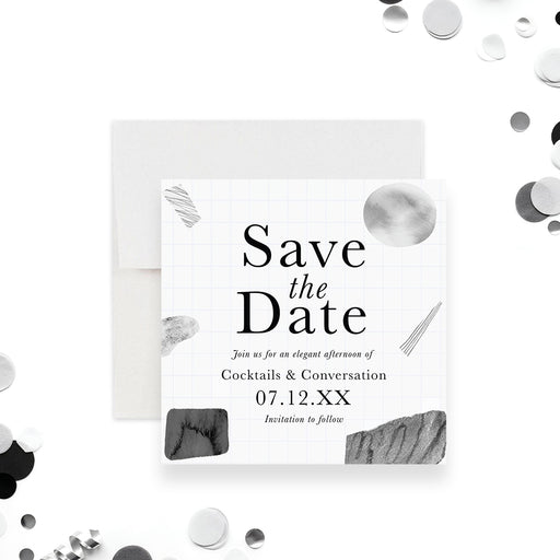 Modern abstract corporate save the date card for cocktails and conversation event with minimalist design-front