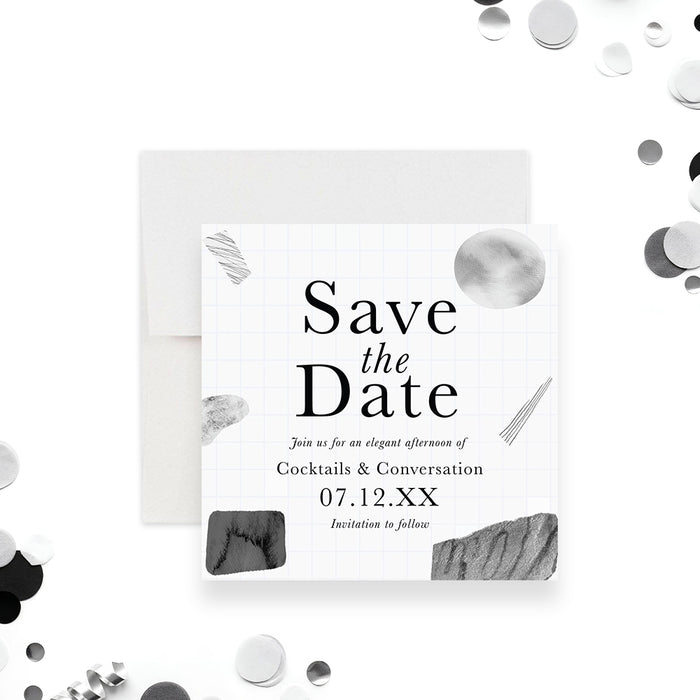 Modern abstract corporate save the date card for cocktails and conversation event with minimalist design-front