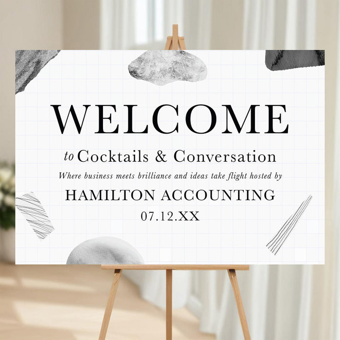 Modern abstract corporate welcome sign for cocktails and conversation event displayed on easel.