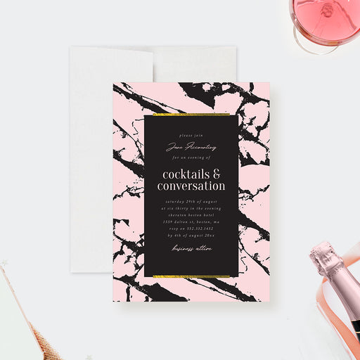 Elegant corporate cocktail party invitation in pink and black marble design
