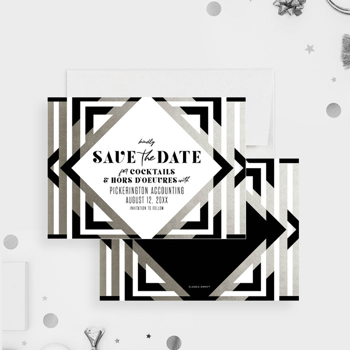 corporate cocktail party save the date card with black and silver geometric design for a business event-front-back