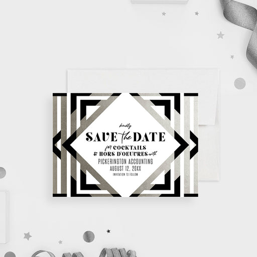 corporate cocktail party save the date card with black and silver geometric design for a business event-front