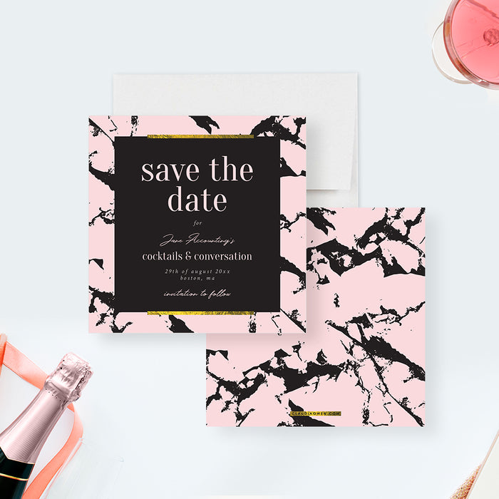 corporate cocktail party save the date card with pink and black marble design, black panel, and gold accent details-front-back