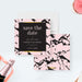 corporate cocktail party save the date card with pink and black marble design, black panel, and gold accent details-front-back