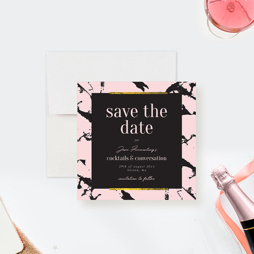 corporate cocktail party save the date card with pink and black marble design, black panel, and gold accent details-front