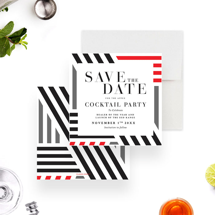 corporate cocktail party save the date card with red, black, and gray geometric border design for a business event-front-back