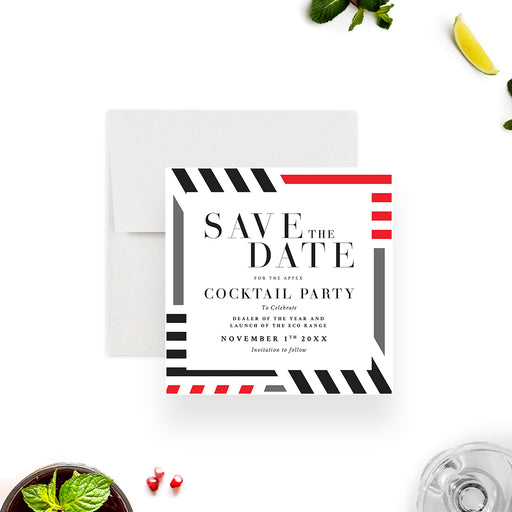 corporate cocktail party save the date card with red, black, and gray geometric border design for a business event-front