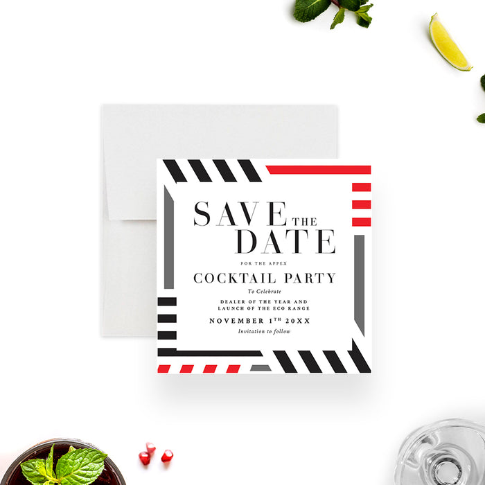 corporate cocktail party save the date card with red, black, and gray geometric border design for a business event-front