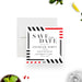 corporate cocktail party save the date card with red, black, and gray geometric border design for a business event-front
