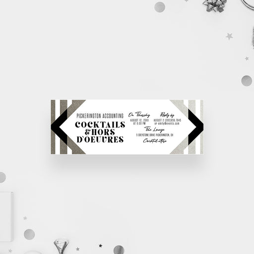 corporate cocktail party ticket invitation with black and silver geometric design for a business event
