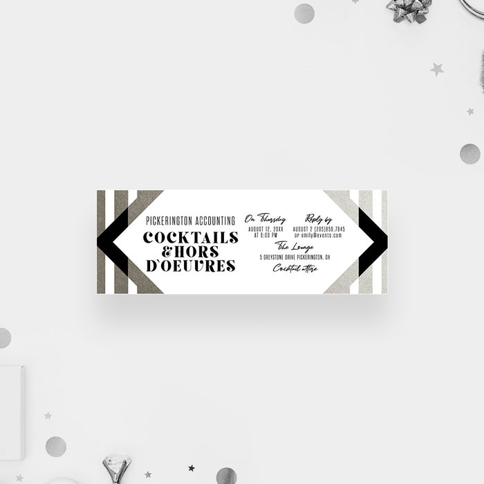 corporate cocktail party ticket invitation with black and silver geometric design for a business event