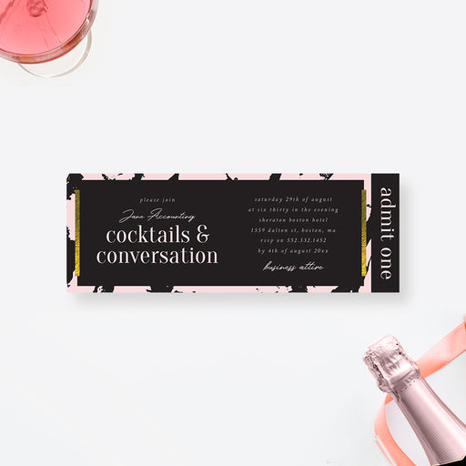 corporate cocktail party ticket invitation with pink and black marble design, black panels, gold accent details, and admit one wording