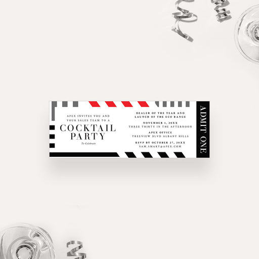 corporate cocktail party ticket invitation with red, black, and gray geometric border design for a business event