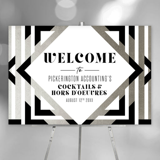 corporate cocktail party welcome sign with black and silver geometric design for a business event with cocktails and hors d’oeuvres