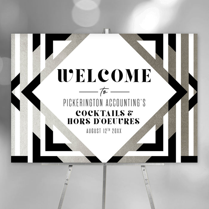 corporate cocktail party welcome sign with black and silver geometric design for a business event with cocktails and hors d’oeuvres