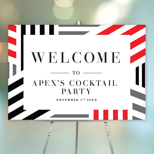 corporate cocktail party welcome sign with red, black, and gray geometric border design for a modern business event