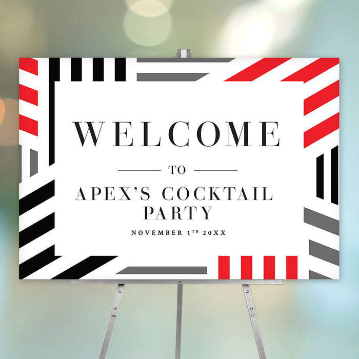 corporate cocktail party welcome sign with red, black, and gray geometric border design for a modern business event