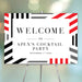 corporate cocktail party welcome sign with red, black, and gray geometric border design for a modern business event