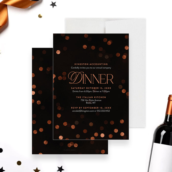 corporate dinner invitation with black background, warm confetti accents, elegant lettering, and annual company event details-front-back